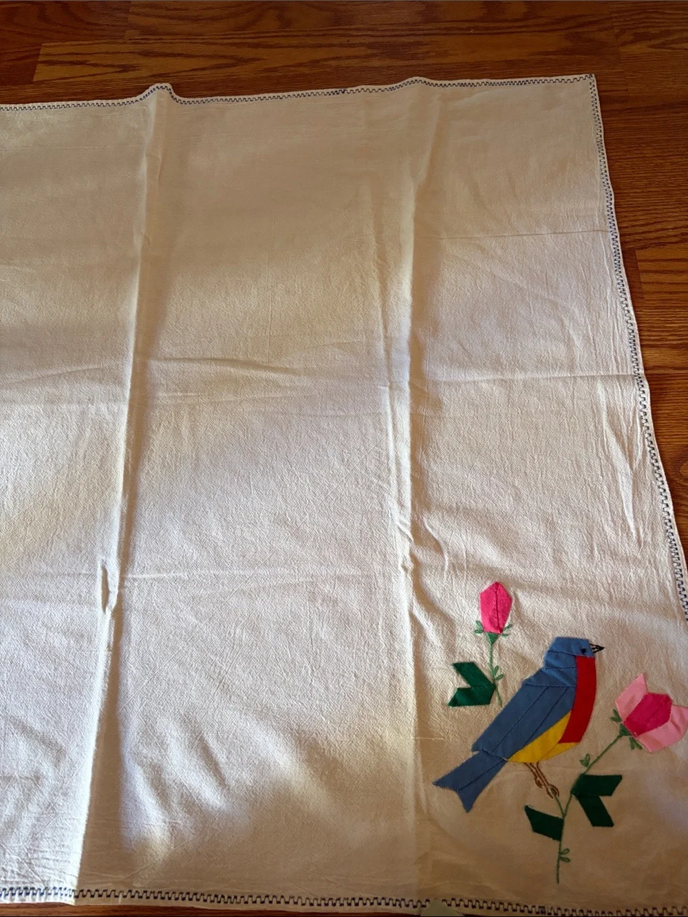 Embroidered Blue & Pink Bird Kitchen Towel